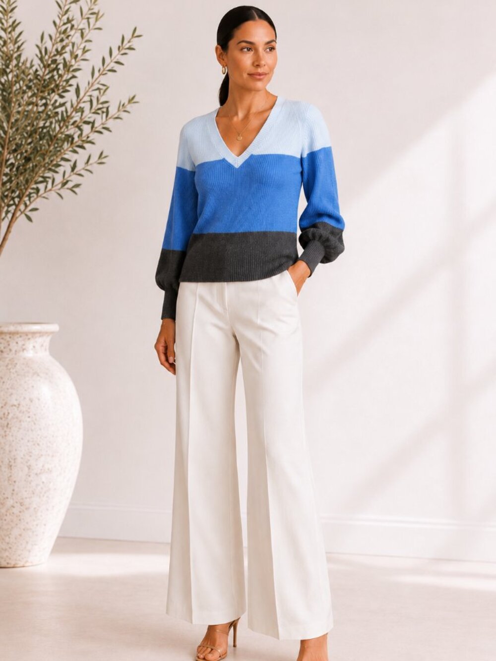White House Black Market Colorblock V Neck Sweater XL NWT